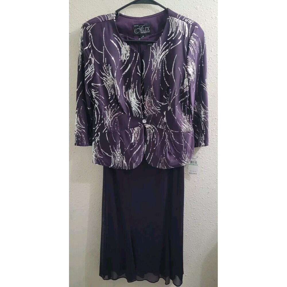 Alex Evenings 8P Plum Sequins Dress 2Pc Set Jacket Lace Formal